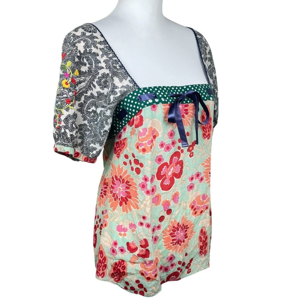 Anthropologie Fei 100% Silk Embroidered Floral Boho Cottagecore Blouse Size 2